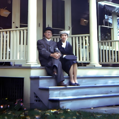 Grampa and Gramma on the front "stoop" of their apartment at 19 Federal Street in St. Johnsbury.