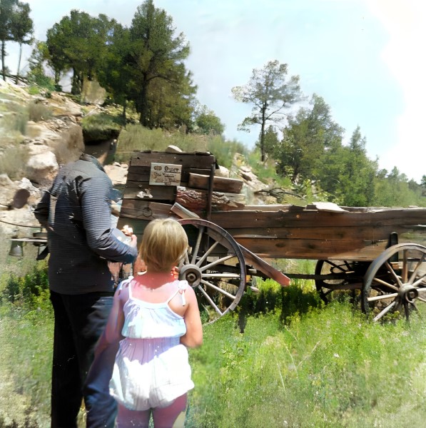 Ray and Louise inspect an old wagon at the Petrified Forest museum