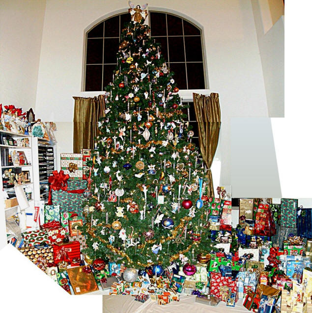 Composite view of Christmas tree and presents, such as they make with satellite views of cities.