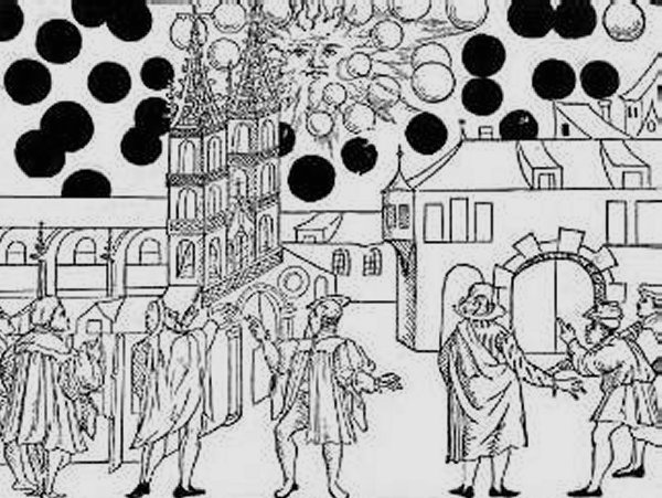 A contemporary depiction of the UFO invasion of Basil, Switzerland, in 1566.