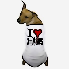 Dog wearing 'I Heart Zombies' T-shirt.