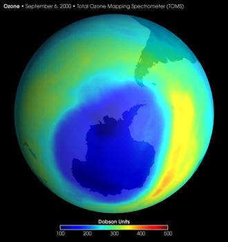 A satellite view of Earth's ozone hole, September 11, 2003.