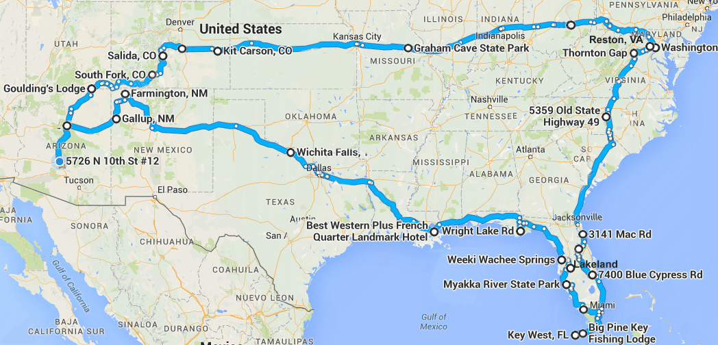 Map of cross-country trip.