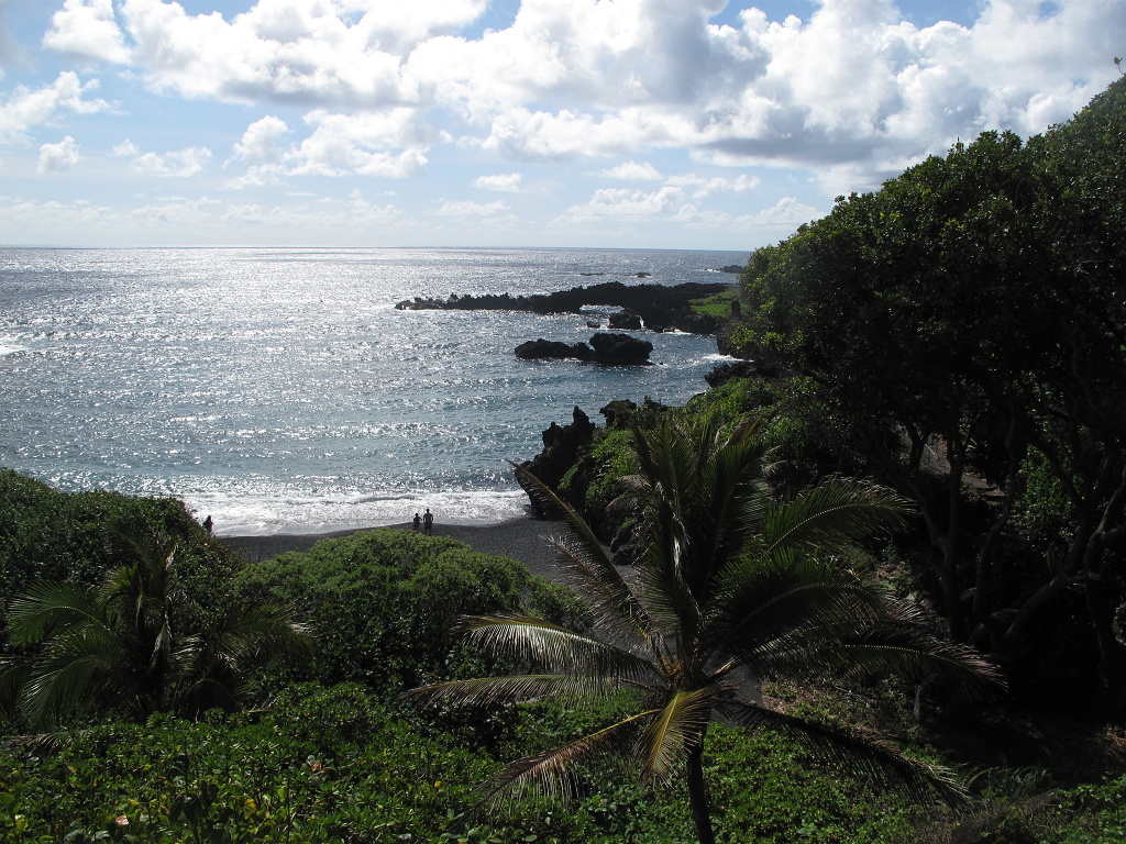 The black sand beach and sea arch at Wai'anapanapa State Park on Maui.