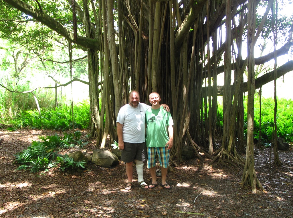 Paul and Jason in front of a Banyan tree at Kipahulu.