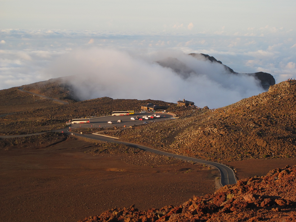Clouds wafte onto the visitor's center at the summit of Mount Haleakala.