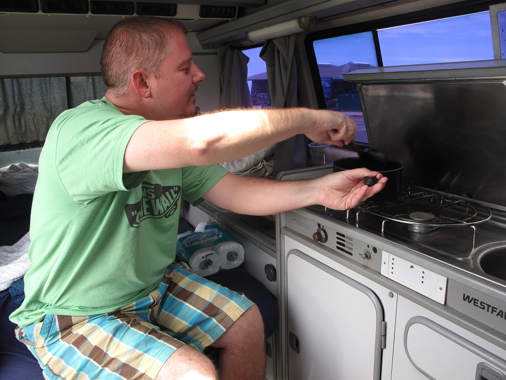 Jason cooked lunch in the camper.