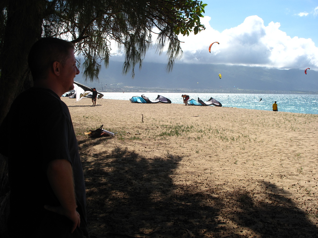 Jason watches kite surfers at Baldwin Beach.