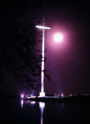 The Great Cross at the Mission de Nombre de Dios in St. Augustine, Florida, at the time of a Harvest moon in 1968.